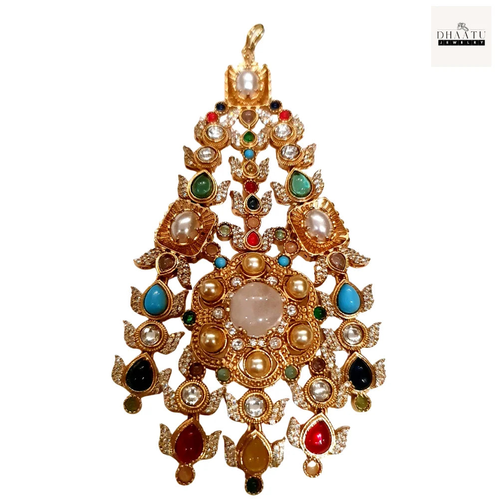 Kundan Passa – Traditional Jhumar Hair Accessory with Pearl Droplets & Multicolor Stones