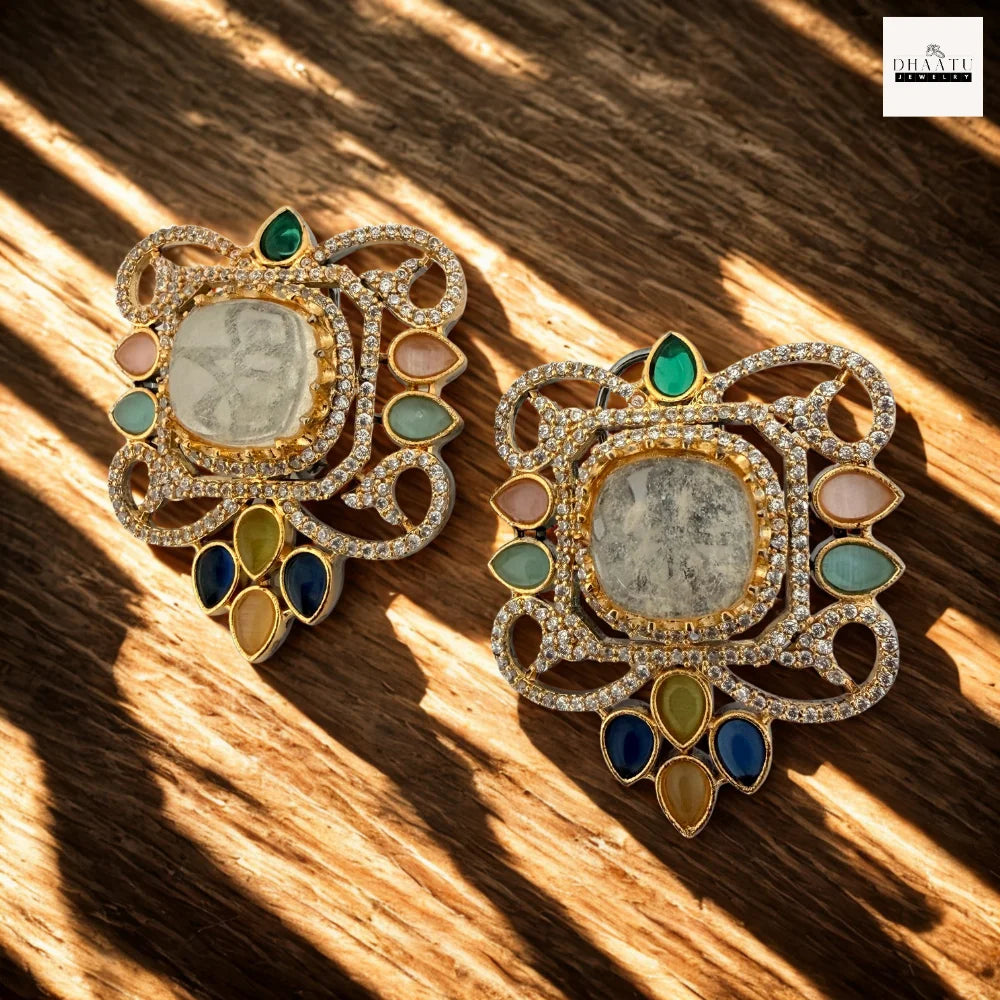 Semi-Precious Stone Studs with CZ Pavé Border (5 Variants)