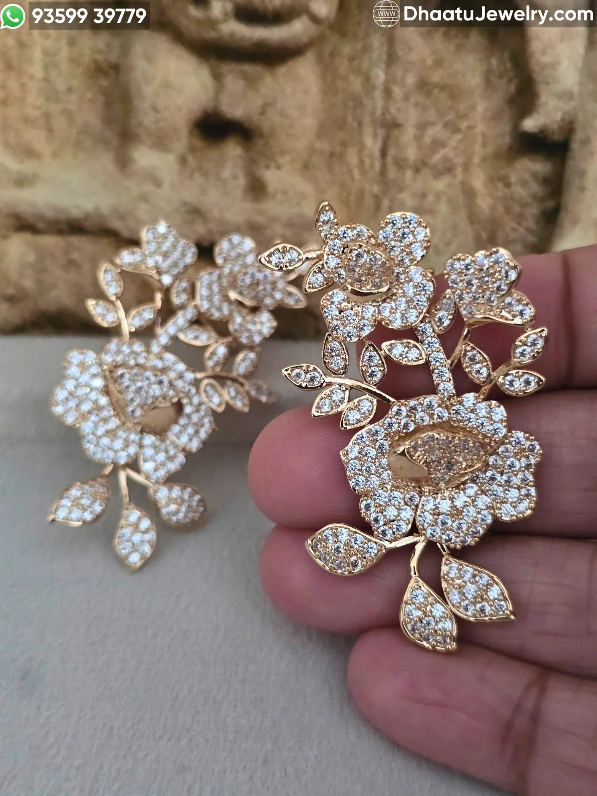 Premium Gold-Plated Intricate Floral Ear Cuff Crawler Earrings – Studded Bloom Design in Emerald Green & Diamond White Variants