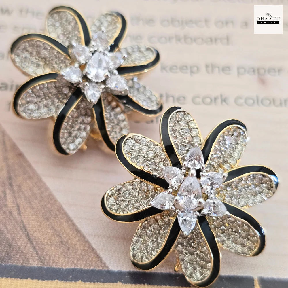 Lumina Enamel-Edged Crystal Floral Stud Earrings | Gold-Plated Statement Jewelry