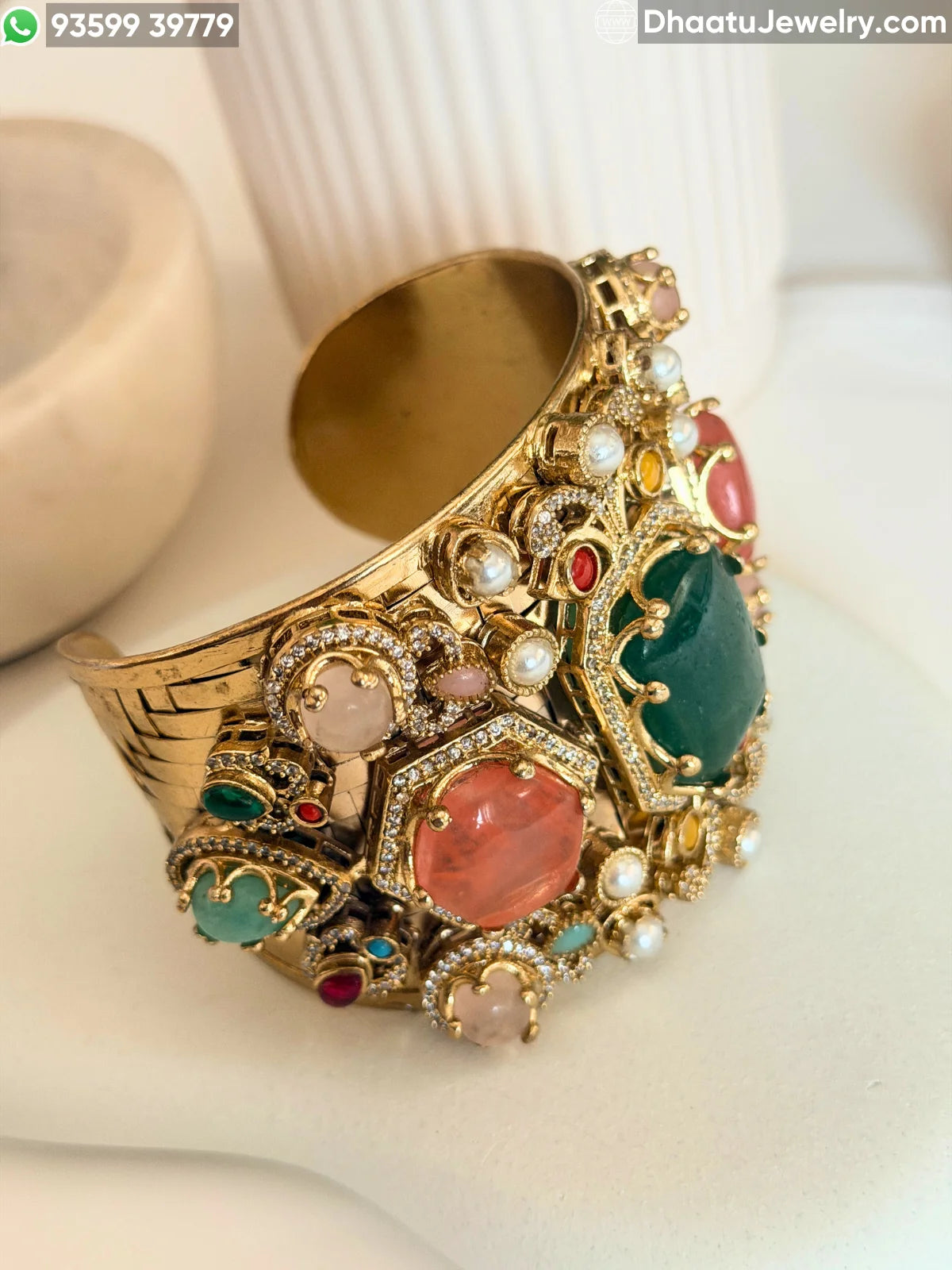 Sabyasachi-Inspired Wide Gold-Plated Brass Cuff Bracelet with Multicolor Doublet Stones & Pearls