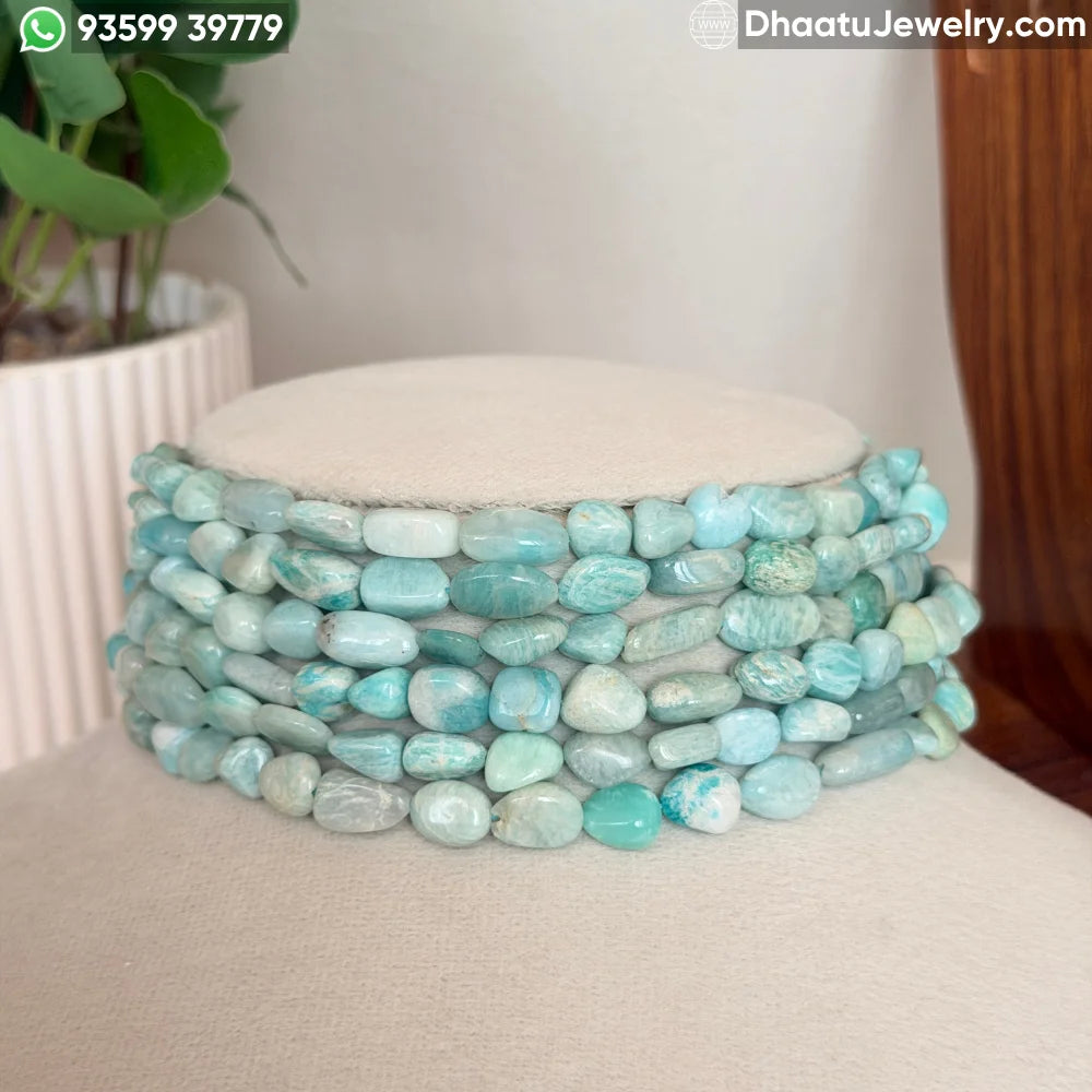 6-Layer Natural Amazonite Stone Bead Choker Necklace – Aqua Blue Tumbled Gemstone Statement Jewelry (23cm x 4.5cm)