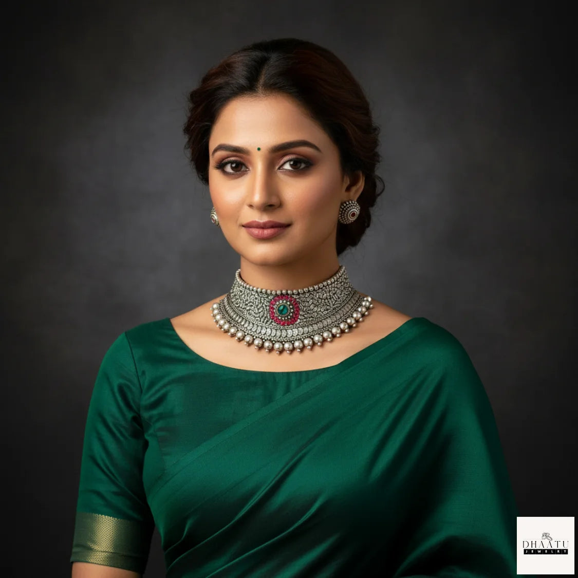 Oxidized Silver Finish Choker Necklace Set with Green & Ruby Stone Detailing - Ethnic Statement Jewelry