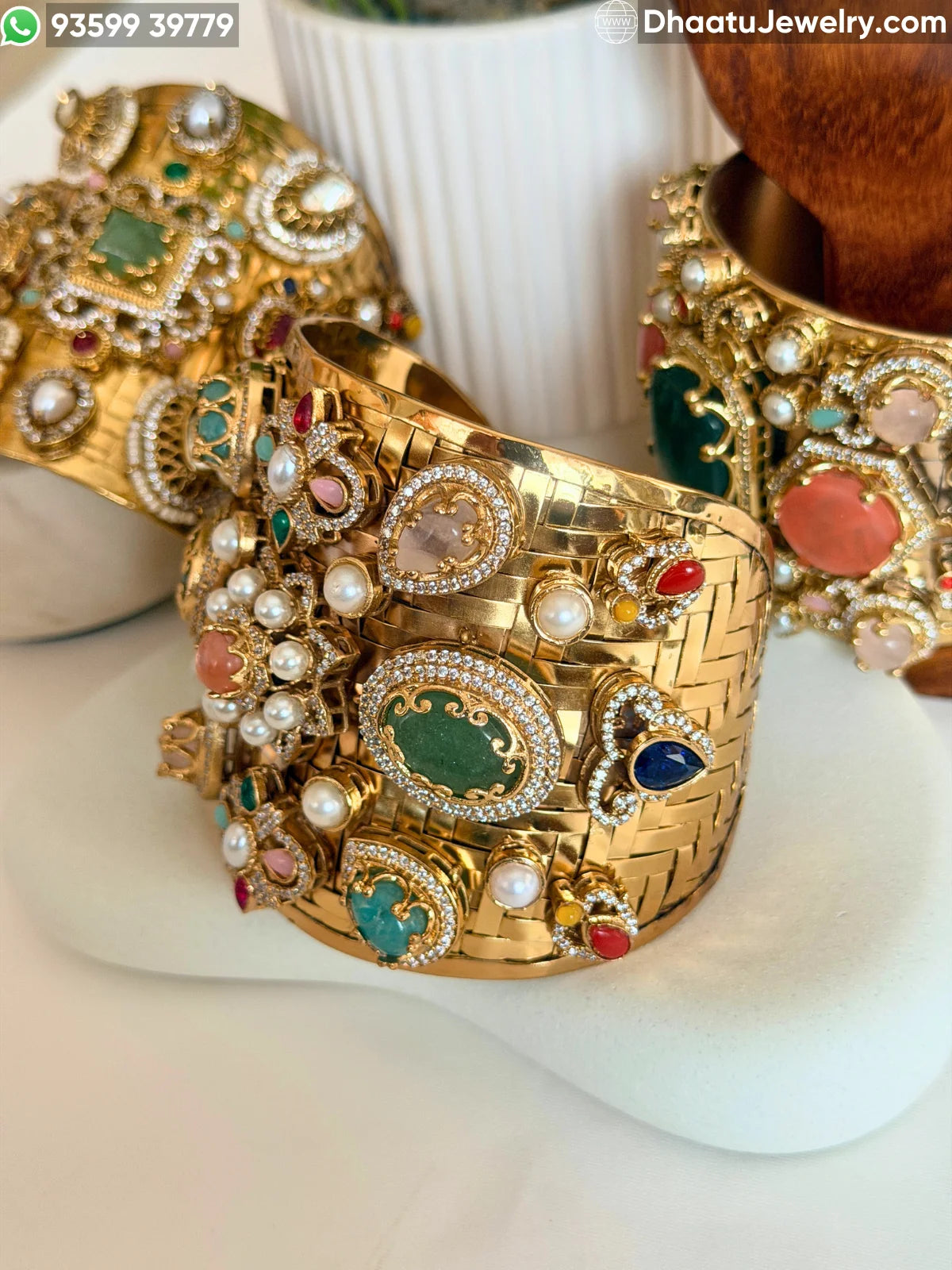 Sabyasachi Inspired Wide Brass Cuff Bracelet with Multicolored Doublet Stones & Gold Plating – Royal Statement Kada
