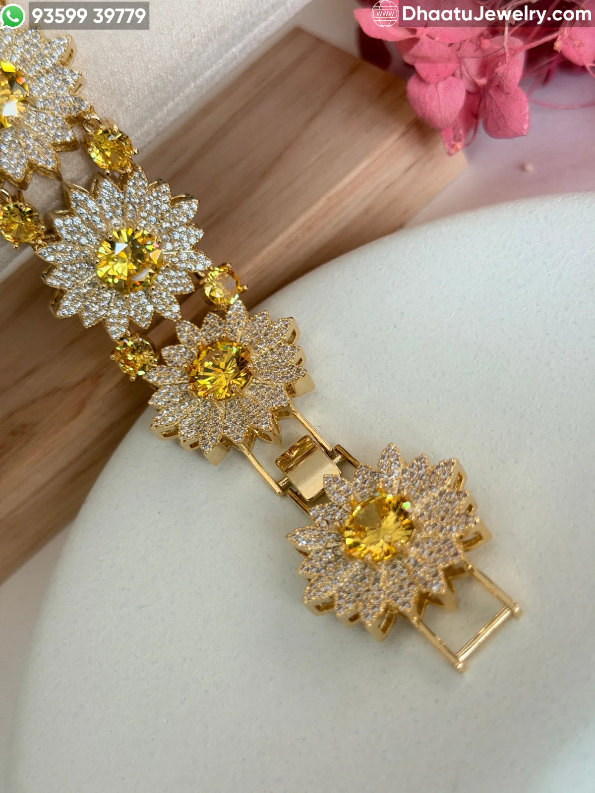 Floral Burst 18k Gold Plated Adjustable Bracelet - Zirconia Sunflower Link Design in Multicolor, Canary Yellow, and Ruby Pink (18-21cm)