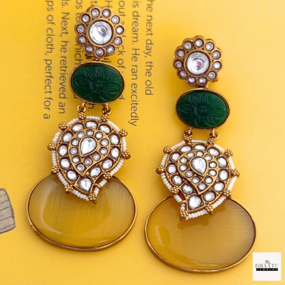 Kundan & Carved Green Stone Drop Earrings with Cat Eye Cabochon (Available in Grey & Yellow)