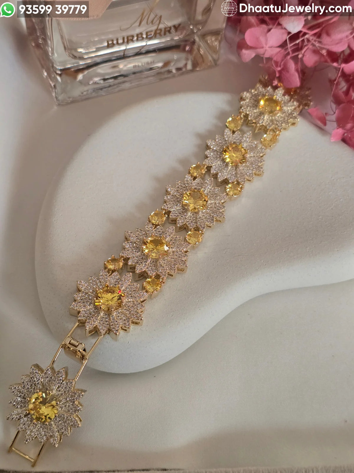 Floral Burst 18k Gold Plated Adjustable Bracelet - Zirconia Sunflower Link Design in Multicolor, Canary Yellow, and Ruby Pink (18-21cm)